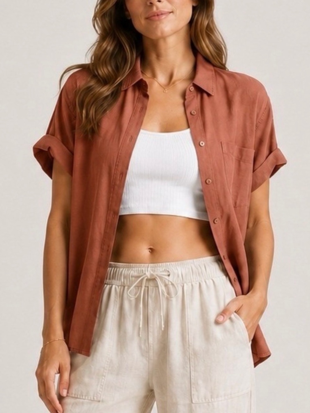 Quince Camp Shirt Vintage Wash Tencel Relaxed Travel Terracotta Size Small